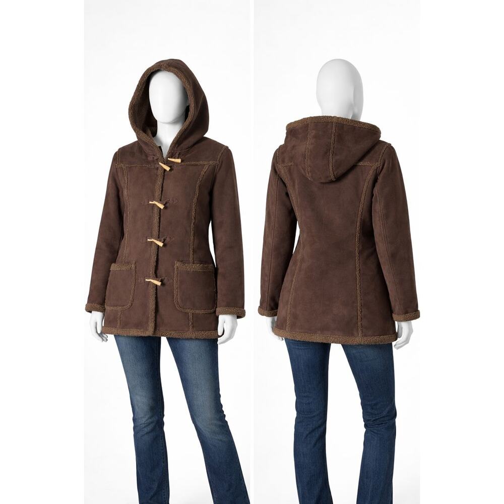 L.L. Bean Women’s Brown Faux Suede Sherpa Lined Toggle Hooded Duffle Coat Sz M